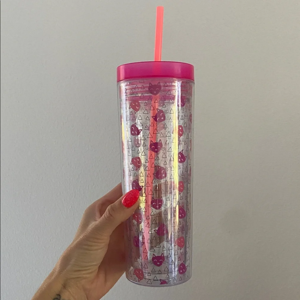 Target cat print tumbler drinking water cup with straw kitty graphic pink clear